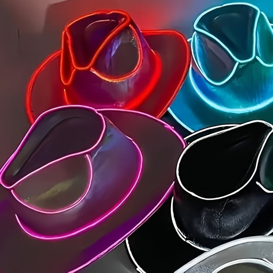 Neon Glow-in-the-Dark Cowboy Hats for Parties - Vibrant Red, Blue, Pink & Black, Battery Operated (AA Not Included), Hand Wash Only, Perfect for Halloween, Christmas, Thanksgiving & More, Festive Headwear, Party Accessories,