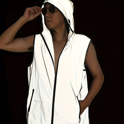 Men's Glow-in-the-Dark Hooded Vest - Casual Sleeveless Outdoor Running Gear, Polyester, Zip-Up, All-Season Wear