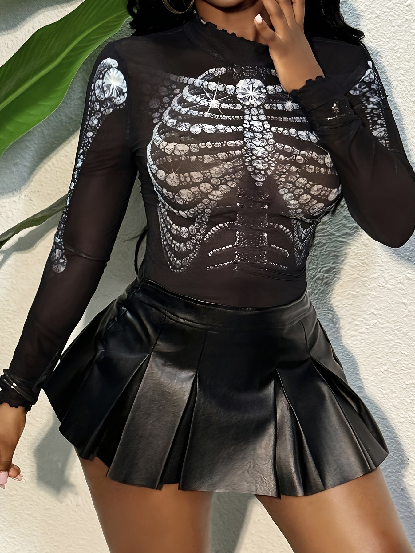 [Trendy Y2K Mesh Top] Y2K Women's Diamond Print Mesh Long Sleeve T-Shirt | Semi-Sheer Stretch Top with High Elasticity, Machine Washable, All-Season Versatile Layering Piece, Trendy Outfit, Edgy Fashion, Stretchy Fabric, Semi