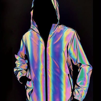 Men'S Reflective Rainbow Hooded Jacket - Stylish Casual Streetwear with Zipper Front, Long Sleeves, and Pockets for Spring & Fall, Spring Jacket | Iridescent Finish | Glossy Finish, Reflective Jacket
