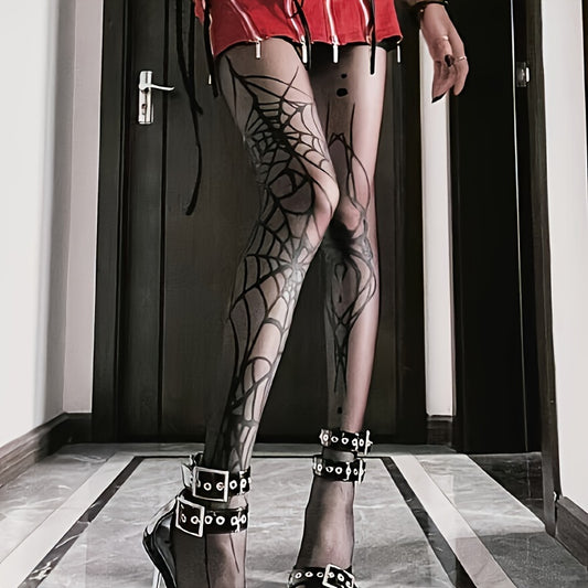 [Gothic Punk Spider Web Tights] 1 Pair Women's Gothic Punk Spider Web Tights - Dark Halloween Themed Full Leg Coverage with Sheer Panels & Black Web Pattern, Stretchy Comfort Fit for Costume Parties, Themed Events & Casual At