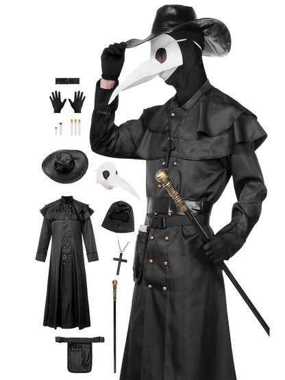 Adult Men'S Steampunk Plague Doctor Costume - Halloween Medieval Monk Priest Renaissance Party Outfit with Cape, Robe, Mask, and Accessories - Polyester 100% Solid Color with Stand Collar and Belt - Regular Fit Woven Fabric 1