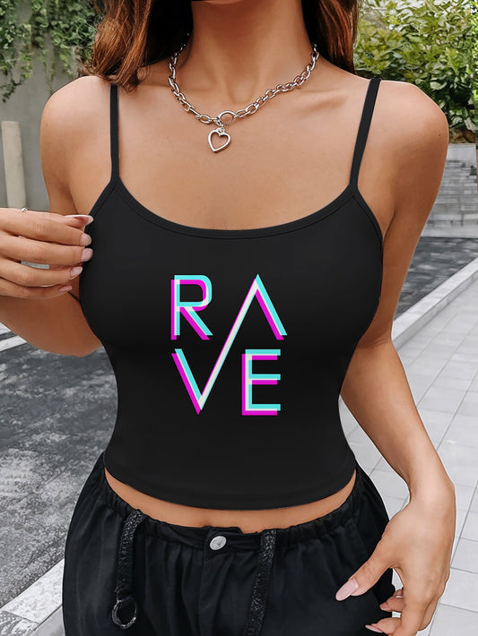 Women'S Sexy Off-Shoulder Polyester Crop Top with "RAVE" Letter Print - White, Strappy Backless Design, Perfect for Summer & Night Out, Crop Top Blouse