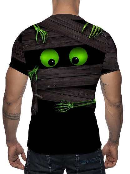 Men'S Mummy 3D Print T-Shirt - Casual Crew Neck, Short Sleeve, Skeleton Design, Black with White Stripes, Halloween Street Fashion, Cool Tshirt | Unique Mummy Design | Bold Graphic Te