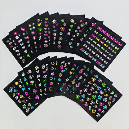 24 Sheets 3D Glow in The Dark Neon Nail Stickers Glittery Glossy Self-Adhesive Nail Art Stickers Butterfly Love Heart Flower Nail Art Decoration for Women Girl DIY Nail Art Deco