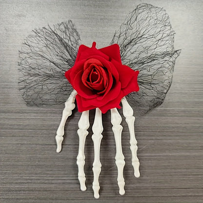[Gothic Skull Hair Clip] 1pc Vintage-Style Gothic Skull Hair Clip with Faux Roses And Lace | Fashionable Side Hairpin for Spooky Vibe, Perfect for Parties And Everyday Wear
