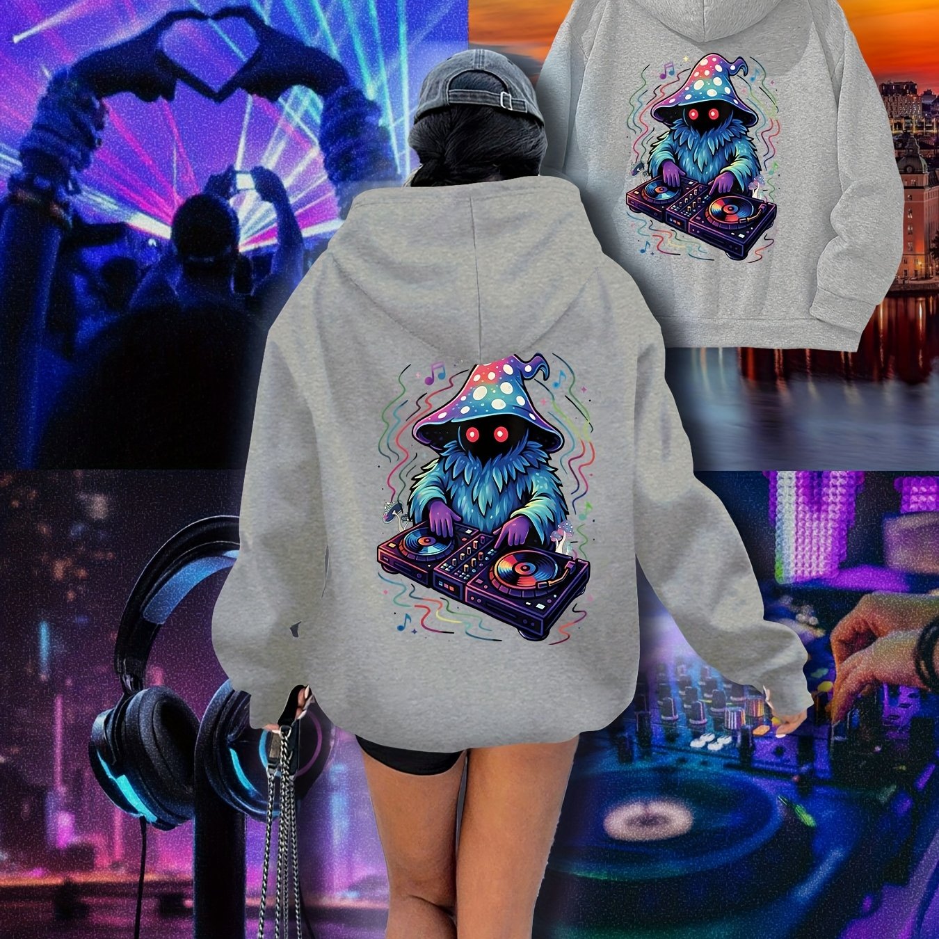 Women's Neon DJ Graphic Hoodie - Music Festival Sweatshirt with Back Print, Pullover Hooded Sweatshirt for Raves, Concerts, Winter Parties - Machine Washable Cold Weather Clothing, Comfortable Drawstring Hood, Rave Outfit, St