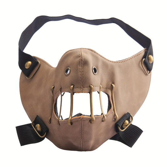 1pc Faux Leather Safety Pin Mask, Unisex Hollow-Out Novelty Face Covering for Halloween Party Costume, Funky Men's Fashion Accessory