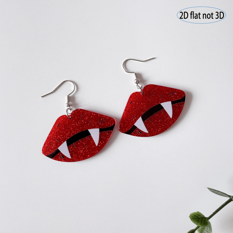2D Flat, Pair of Red Lips & Fangs Glitter Earrings - 2D Flat Gothic Cute Jewelry with Sparkling Accents, Lightweight Dangle Earrings for Women, Perfect for Daily Wear & Halloween Party Accessories, Cute Earrings, Costume Jewe