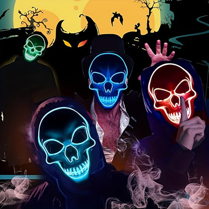 LED Glowing Skull Mask with Blue Light Effects - Self-Lit Halloween Costume Party Mask with Expressive Eyes & Sharp Teeth, Battery-Powered (Batteries Not Included) for Men's Costumes, Themed Events, Gothic Performances - Comp