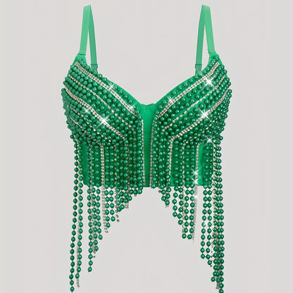 Sexy Fishbone Corset Top with Pearl Embellishments & Tassel Details - Vibrant Pink Stretchy Spaghetti Strap Bustier for Nightclub, Concert, Festival - Versatile All-Season Women's Fashion, Concert Attire, Elegant Style, Styli