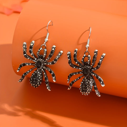 [Gothic Spider Earrings] Gothic Halloween Rhinestone Spider Pendant Earrings - Pair of Black Faux Spider Dangle Jewelry with Sparkling Crystals | Zinc Alloy & Iron Posts | Women's Party Festive Accessories | Gothic Style | Rh