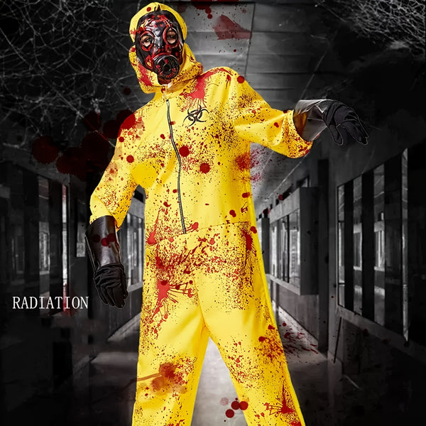 1 Set Full Zombie Costume with Gas Mask & Splatter Effects - Neon Yellow & Red Blood-Splattered Outfit, Hazmat Suit Design with Black Gloves - Easy-to-Wear Outfit for Halloween Costumes, Themed Parties & Horror Events (No Mas