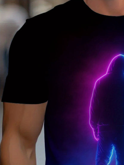 Men'S Neon Silhouette Graphic T-Shirt - Trendy Black Casual Sport Tee with Vibrant Pink & Blue Glow Design, Short Sleeve, Round Neck, Perfect for Everyday Wear, Everyday Tshirt | Trendy Casual Shirt | Stretchy Fabric