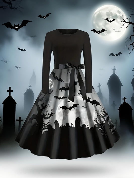 [Halloween, Festive Wear] Women's Vintage Halloween Party Dress - Long Sleeve A-Line Costume with flared Shirt, Machine Washable Non-See-Through Fabric, Elegant Gothic Halloween Outfit for Halloween Parties, Haunted Houses, T