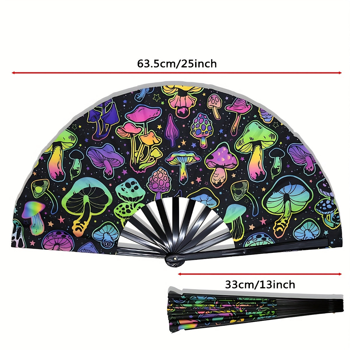 33.02cm Glow-in-the-Dark Mushroom Folding Fan - Vibrant Neon Psychedelic Design, Handheld PP Material for Parties, Raves, Halloween, Concerts, Cosplay & Themed Events - No Battery Needed, Mushroom Decor