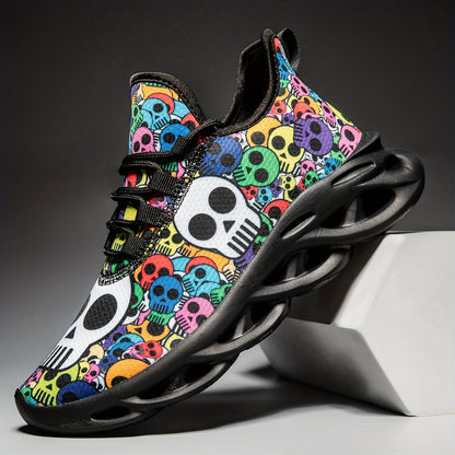 Stylish Skull Print Sneakers - Ultra-Breathable, Shock-Absorbing, Lightweight Running Shoes with EVA Insole for All-Season Comfort - Halloween-Inspired, Casual, Lace-up Athletic Footwear for Men