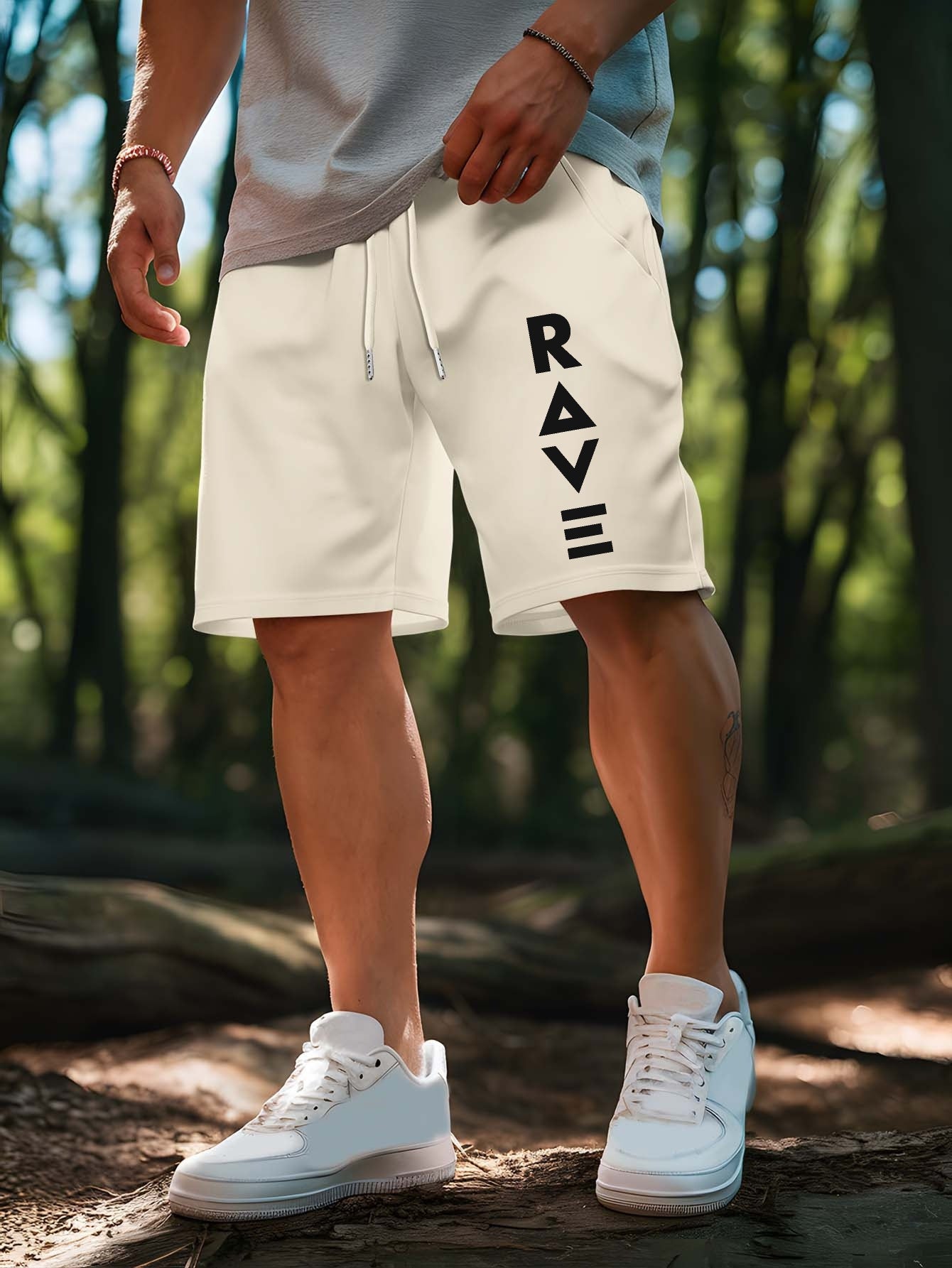 R V New Men's Summer Casual Shorts with RAVE Letter Print - Light Grey Regular Fit Outdoor Sports & Beach Vacation Shorts, American Fashion Trendy Lightweight Comfortable Design, Beach Vacation Apparel | Fashionable Casualwea