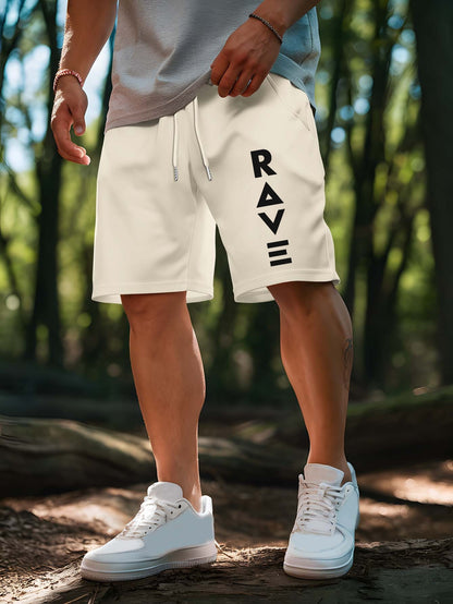 R V New Men's Summer Casual Shorts with RAVE Letter Print - Light Grey Regular Fit Outdoor Sports & Beach Vacation Shorts, American Fashion Trendy Lightweight Comfortable Design, Beach Vacation Apparel | Fashionable Casualwea