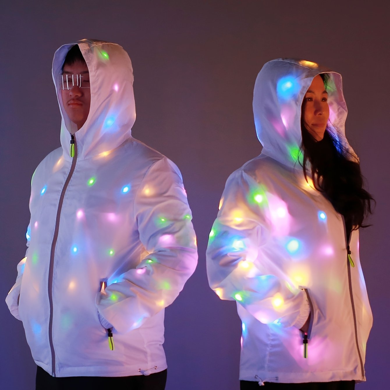 Colorful Glowing Clothing, a Stunning White Jacket, Party Hoodies, And Cool Club Outfits.