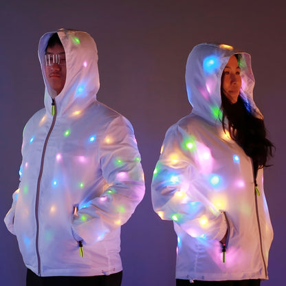 Colorful Glowing Clothing, a Stunning White Jacket, Party Hoodies, And Cool Club Outfits.
