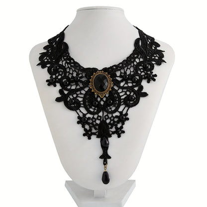 [Gothic Lace Collar Necklace] 1pc Gothic Black Lace Collar Necklace | Spider Web Design with Artificial Crystal & Black Beads - Chunky Statement Piece for Halloween Parties, Gothic Events, All-Season Wear, Intricate Lacework,
