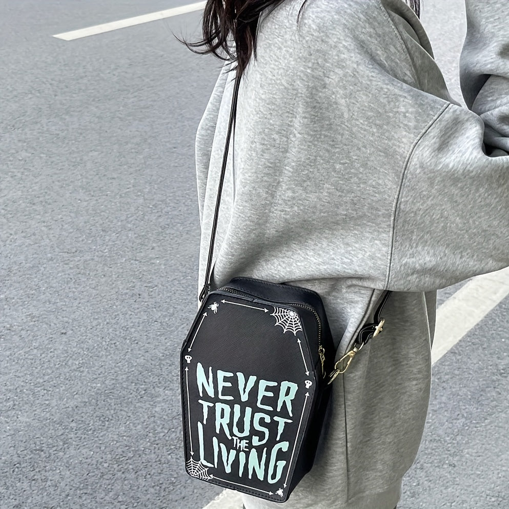 1pc Halloween Coffin-Shaped Fashion Shoulder Bag for Women, Sexy Gothic Faux Leather Crossbody Purse with "Never Trust The Living" Print, Zip Closure, Polyester Lining, and Edge Detailing
