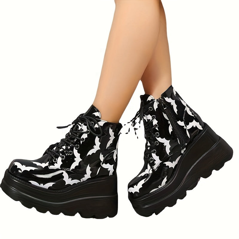 Women's Gothic Punk Chunky platform boots with metal eyelets & zip closure - Gothic rock style round-toe winter boots with thick PU sole, mid-heel lift, and chain-like straps - Heavy-duty synthetic Cover-like material for con