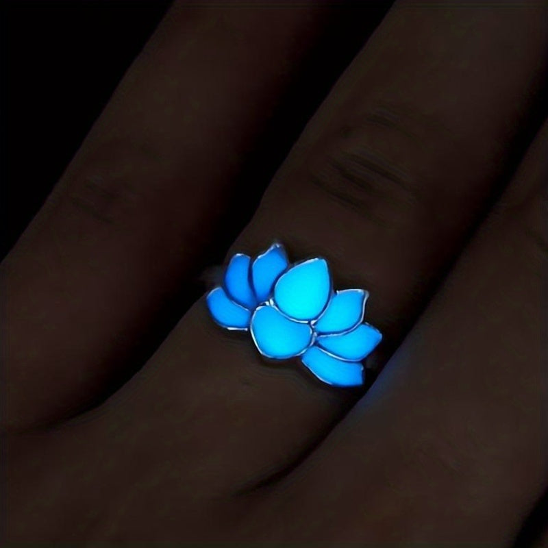 Glow-in-the-Dark for Lotus Flower Ring for Men & Women - Elegant Black & Blue Faux Design, Fashionable Accessory for Festivals, Festival Jewelry|Glamorous Accessory|Alloy Construction, for Lotus Flower Jewelry