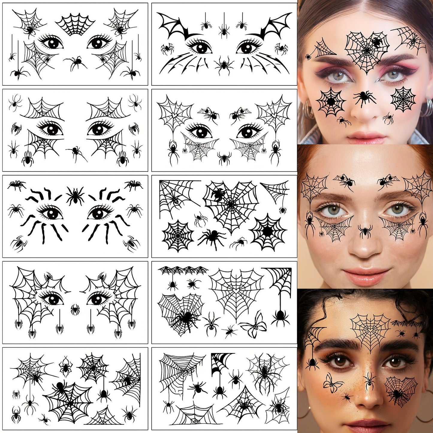 [Halloween Spider Tattoos] 10pcs Halloween Spider Series Temporary Tattoo Stickers | Black Spider Web Patterns for Face and Eyelids, Waterproof Realistic Fake Tattoo Decals - Suitable for Halloween Party Makeup