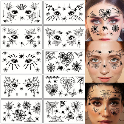 [Halloween Spider Tattoos] 10pcs Halloween Spider Series Temporary Tattoo Stickers | Black Spider Web Patterns for Face and Eyelids, Waterproof Realistic Fake Tattoo Decals - Suitable for Halloween Party Makeup
