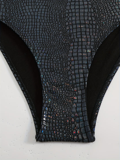 Chic Women'S Snakeskin Print Bikini Set - High Stretch, V-Neck, Stretchy Polyester/Spandex Blend, Machine Washable - Ideal for Music Festivals & Beach Parties, Beach Attire|Vibrant Print Top|Snakeskin Patter