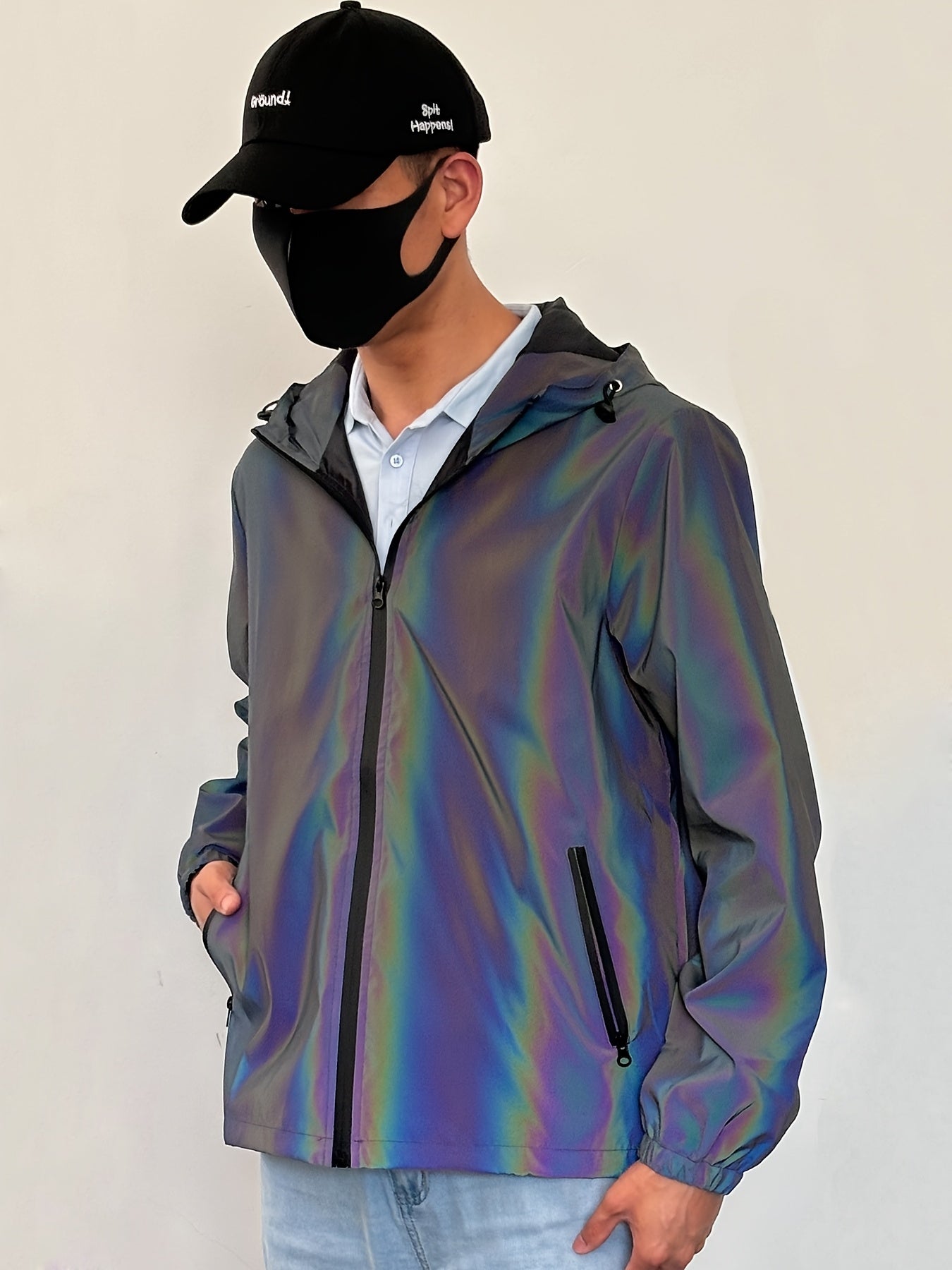Men'S Reflective Rainbow Hooded Jacket - Stylish Casual Streetwear with Zipper Front, Long Sleeves, and Pockets for Spring & Fall, Spring Jacket | Iridescent Finish | Glossy Finish, Reflective Jacket