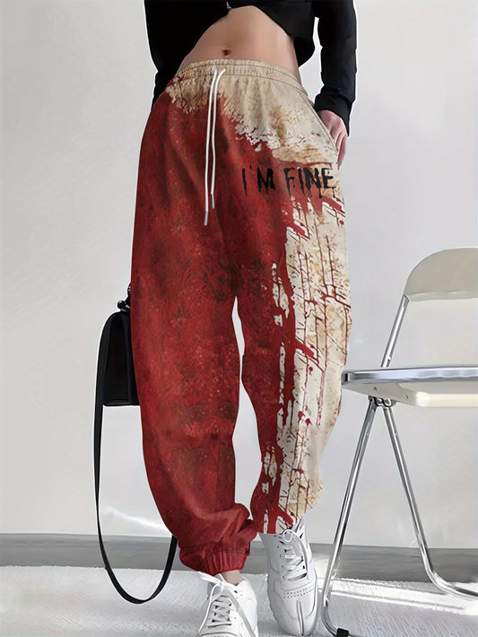 Women's Halloween Horror Blood Splatter Pants - Red & Brown Crime Scene Tape Effect - Drawstring Waist Harem Leg Pants - Machine Washable Polyester Costume Party Outfit for Halloween Parties & Casual Attire - Non-See-Through