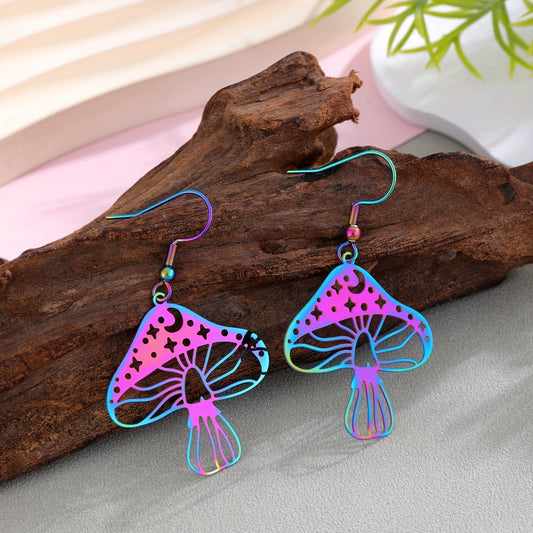 Pair of Stainless Steel Bohemian Mushroom Earrings - Colorful Hollow-Out Dreamy Fantasy Design with Gradient Pink to Blue & Star Accents, Lightweight Durable Jewelry for Men & Women, Unique Gift for Casual or Formal Occasions