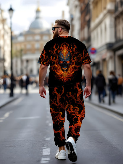 Men's Large Size Round Neck 3D Printed Slim Fit Fiery Skull Personality Free and Bold Att! Fashionable and Trendy Versatile Plus Size Men's Round Neck Casual T-shirt and Pants Set, Tall Men's Two-Piece Set, Outdoor Leisure En