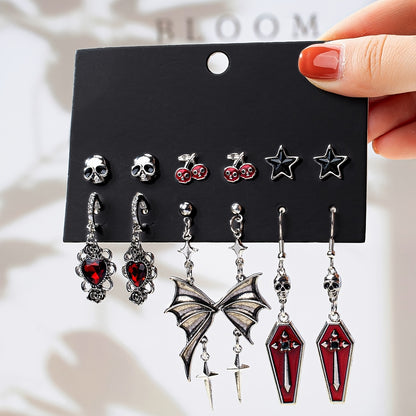 [Gothic Halloween Earrings] Gothic Skull Rose Bat Wing Coffin Halloween Earring Set - Six-Pair Five-Star