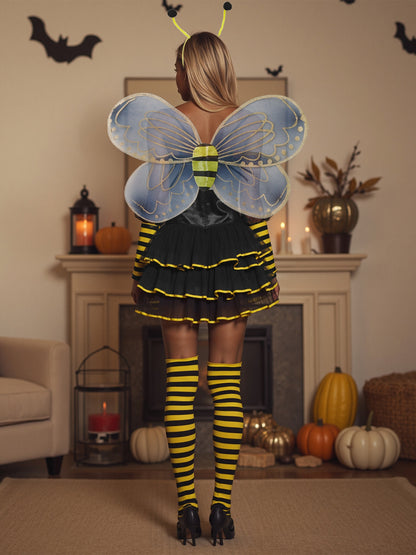 Women'S Halloween Bee Costume Set - Sleeveless Cami Bodysuit with Cute Headband & Mesh Wings, Black & Yellow Striped Design, Perfect for Parties & Themed Events, Halloween Costume|Playful Design|Festive Outfit