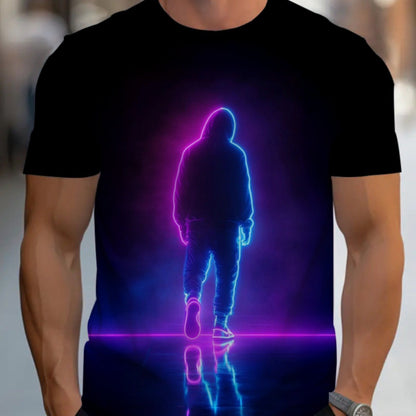Men'S Neon Silhouette Graphic T-Shirt - Trendy Black Casual Sport Tee with Vibrant Pink & Blue Glow Design, Short Sleeve, Round Neck, Perfect for Everyday Wear, Everyday Tshirt | Trendy Casual Shirt | Stretchy Fabric