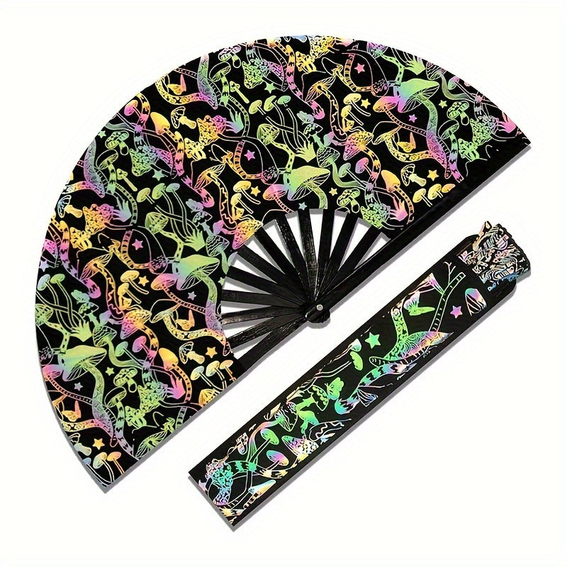 Large Glitter Rave Folding Clack Hand Fan with Holster - Vibrant Mosaic Pattern, Durable Bamboo for Festivals, Halloween, EDM Parties, Burlesque & Drag Queen Performances - Unisex Accessory, Halloween Accessory | Contemporary