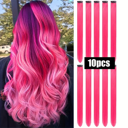 10pcs Glowing Clip-In Synthetic Hair Extensions 20-Inch Colorful Neon Glow-in-the-Dark Wigs, Easy-to-Wear Clip Design, Smooth Soft Texture, Women'S Daily Fashion Accessory for Halloween New Year Parties
