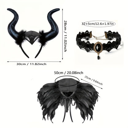 3pcs Devil Costume Accessory Set for Men and Women, Including Demon Horn Headband, Gothic Black Faux Feather Cape, and Gothic Lace Necklace; Perfect for Halloween, Role Play, Masquerade Parties, Demon Queen Makeup, and Wizard