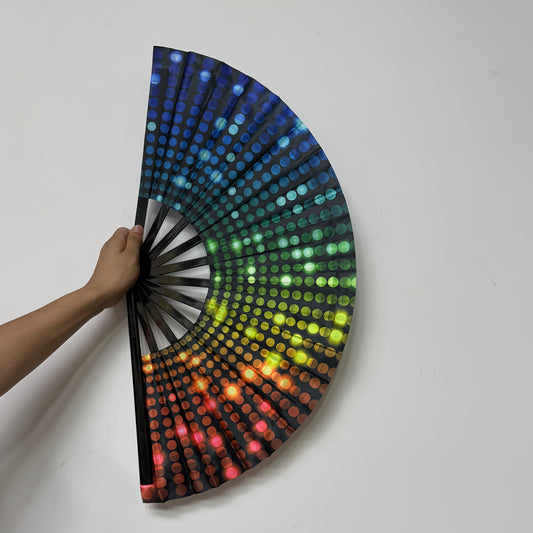 Large Fluorescent Glow-in-the-Dark Folding Fan - Rainbow Color Changing (Blue/ Green/Orange/Red/Purple/Teal) Handheld Party Fan, No Batteries Needed, Portable Folding Design for Clubs, Festivals, Performances, Cosplay - Stage