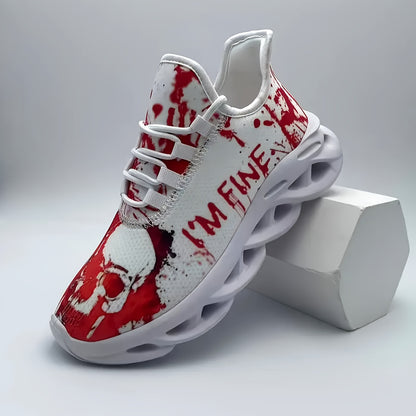 Men'S Halloween Sneakers - Blood Splatter Skull Design, Lightweight MD Sole, Breathable Fabric, Lace-Up Training Shoes for Gym, Streetwear, Parties - Red & White Gothic Style, All-Season Casual Wear, Bold Print, Fashionable T