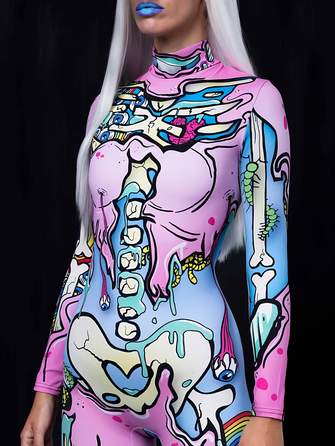 Women's Cute Spooky Skull 3D Print Gothic Halloween Costume Bodysuit for Carnival Holiday Party Cosplay
