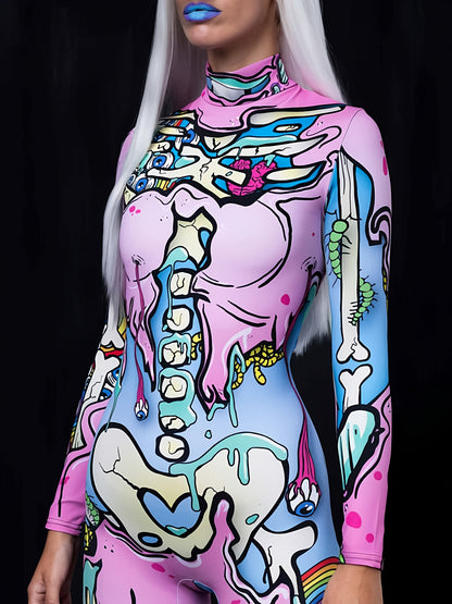 Women's Cute Spooky Skull 3D Print Gothic Halloween Costume Bodysuit for Carnival Holiday Party Cosplay