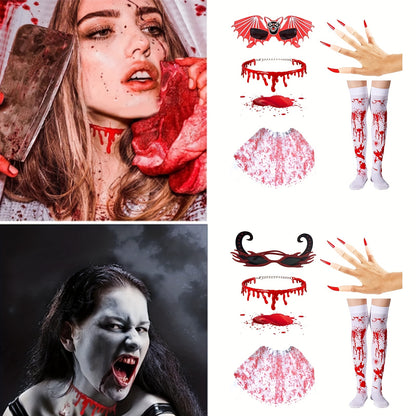 [Vampire Cosplay Set] 2/15pcs/set Halloween Vampire Cosplay Costume Accessories Set | Blood-Dripping Collar, Gloves, Long Stockings - Festival Role-Playing Outfit Decorations, Bat Costume Gift, Party Supplies for Events, Part