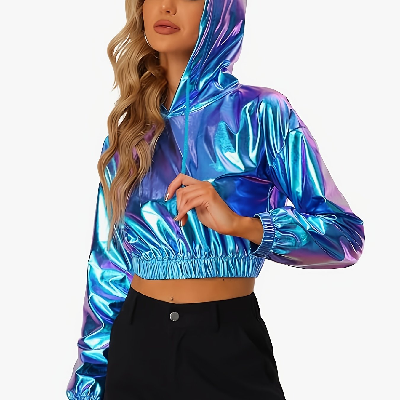 Women's Sexy Short-Length Hooded Sweatshirt - Long Sleeve Holographic Golden Metallic Pullover with Drawstring Hood, Stretchy Fabric for Gym Running Casual Wear, Spring/Autumn Fashion, Gym Hoodie, Seasonal Athletic Apparel, E