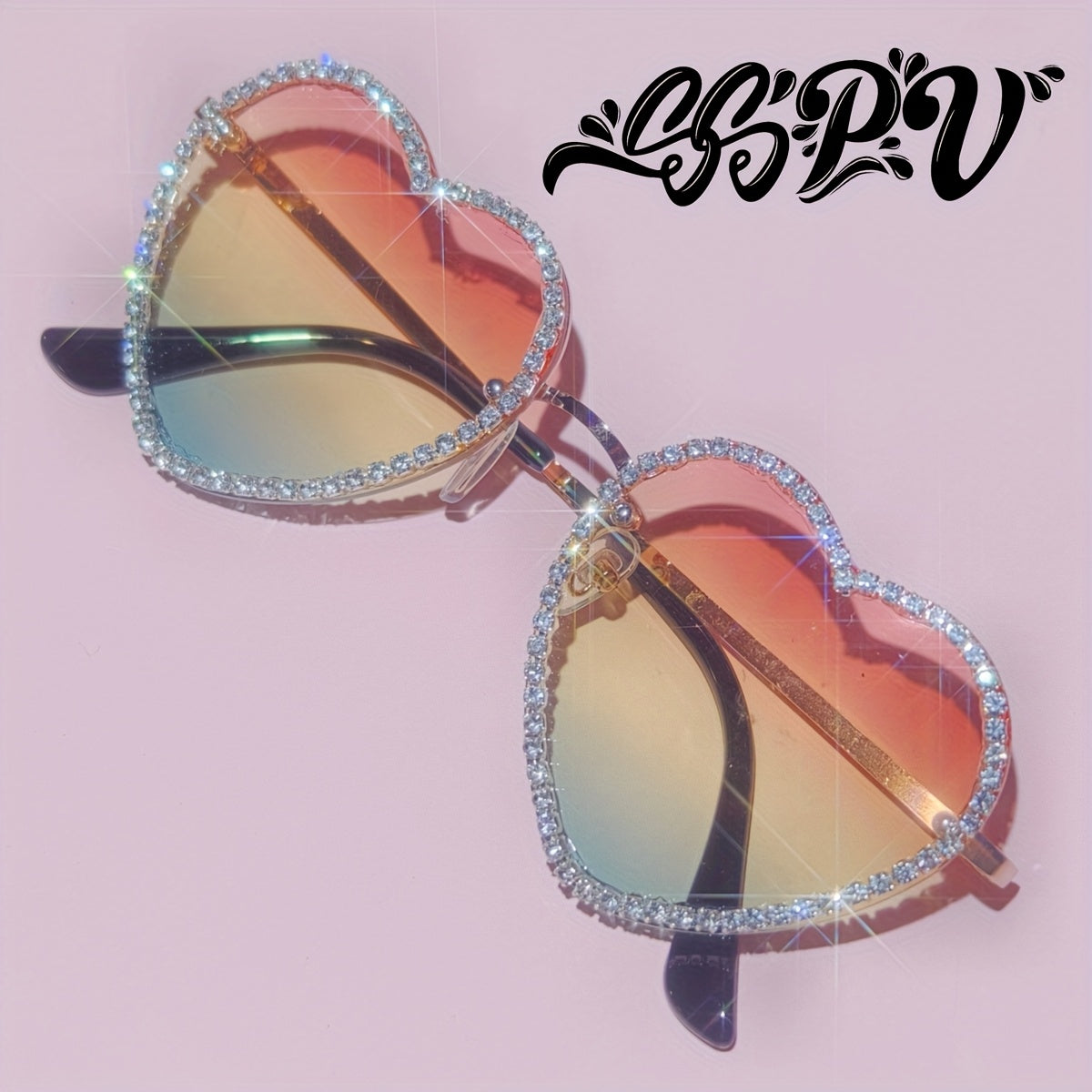 SSPV Rhinestone Heart Fashion Glasses - Sparkling Love-Shaped Shades in Multiple Colors, Glittery Gradient Lenses with Black Frames, Perfect for Festivals, Parties & Fashion Accessories, Party Eyewear, Rhinestone Embellishmen