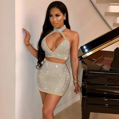 Women'S Sexy Rhinestone-Embellished Deep V-Neck Two-Piece Mini Dress - Stretchy High-Waisted Clubwear with Adjustable Spaghetti Straps, Glittery Sequin Detailing for Nightclub & Party Outfits, Summer Fashion, Elegant Design,